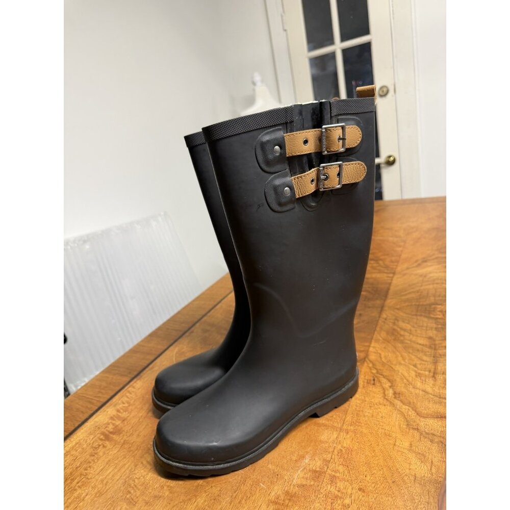 CHOOKA Women's 9 Black Solid Mid Calf Rubber Rain Boots Wellies Buckles Garden